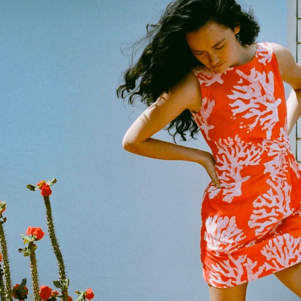 NWT Coco Shop Printed Mini Dress In  Red Coral, Size Large